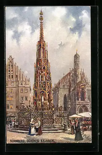 Künstler-AK Charles F. Flower: Nürnberg, Schöner Brunnen mit Passantinnen
