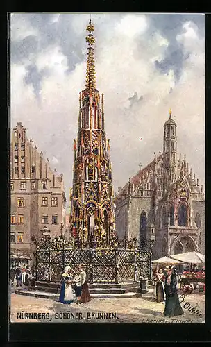 Künstler-AK Charles F. Flower: Nürnberg, Schöner Brunnen mit Marktständen