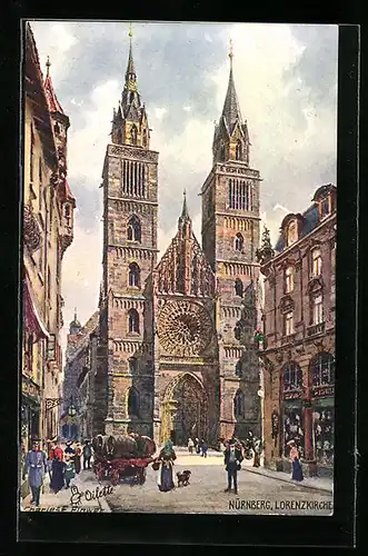 Künstler-AK Charles F. Flower: Nürnberg, Strassenpartie mit Blick auf Lorenzkirche