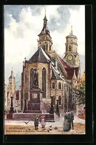 Künstler-AK Charles F. Flower: Stuttgart, Stiftskirche und Schiller-Denkmal