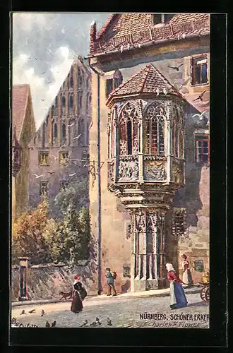 Künstler-AK Charles F. Flower: Nürnberg, Schöner Erker mit Strasse