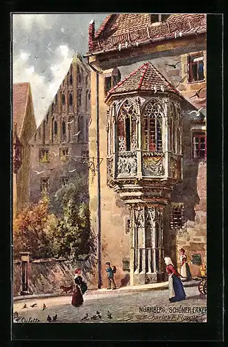 Künstler-AK Charles F. Flower: Nürnberg, Schöner Erker mit Strasse und Passanten