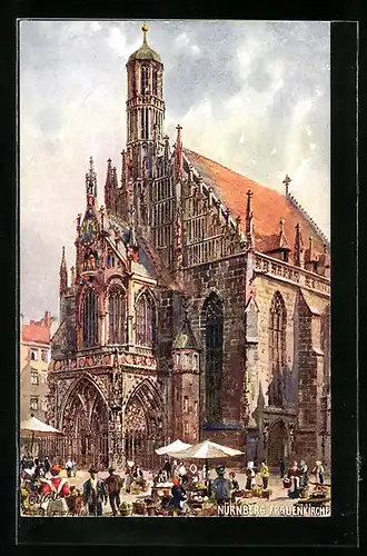 Künstler-AK Charles F. Flower: Nürnberg, Marktgeschehen an der Frauenkirche