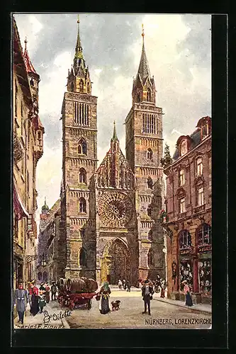 Künstler-AK Charles F. Flower: Nürnberg, Strassenpartie mit Lorenzkirche und Passanten