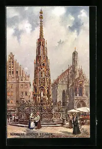 Künstler-AK Charles F. Flower: Nürnberg, Schöner Brunnen mit Marktstand