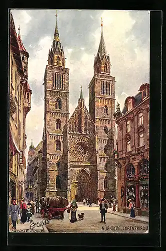 Künstler-AK Charles F. Flower: Nürnberg, Lorenzkirche mit Passanten und Bierwagen