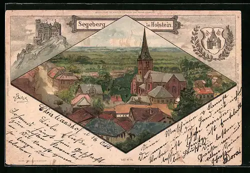 Lithographie Segeberg in Holstein, Ortspartie mit Kirche, Schloss, Wappen