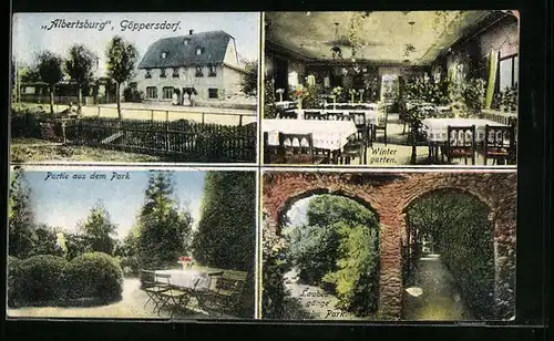 AK Göppersdorf, Gasthaus Albertsburg, Inneres Wintergarten, Parkpartie