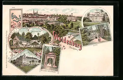 Lithographie Waldenburg i. Sachsen, Gläntzelmühle, Bad, Seminar