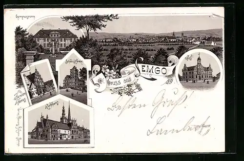 Lithographie Lemgo, Schloss Brake, Rathaus Gymnasium