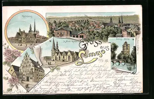 Lithographie Lemgo, Schloss Brake, St. Nicolai-Kirche, Rathaus