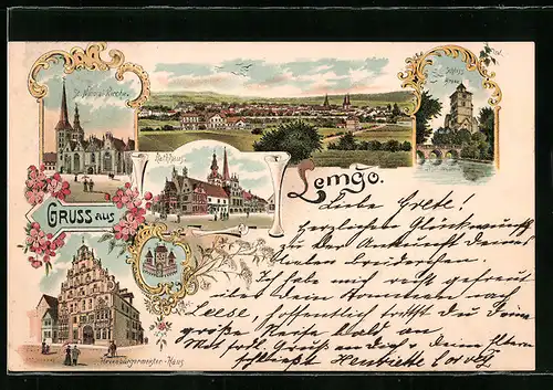 Lithographie Lemgo, Schloss Brake, St. Nicolai-Kirche, Rathaus