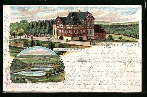Lithographie Salzuflen i. Lippe, Gasthaus Forsthaus, Fischteiche