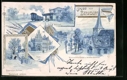 Lithographie Hamburg-Bergedorf, Blick auf die Kirche und Holsten-Strasse, Post, Bahnhof