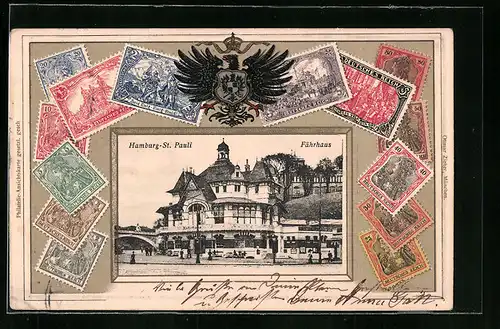 Präge-AK Hamburg-St. Pauli, Gasthaus Fährhaus, Wappen und Briefmarken