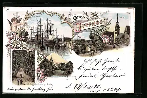 Lithographie Itzehoe, Schloss Breitenburg, Kirche, Hafen