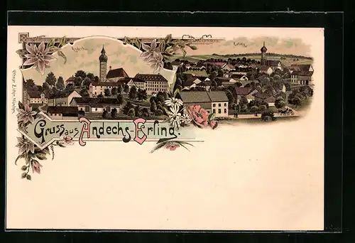 Lithographie Andechs-Erling, Ortspartie mit Kloster, Teilansicht