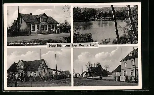 AK Neu-Börnsen bei Bergedorf, Gemischtwarengeschäft von W. Dührkopp, Uferpartie, Ortspartie