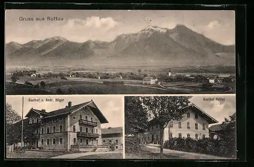 AK Rottau, Gasthof v. Andr. Hilger, Gasthof Hütter, Panorama