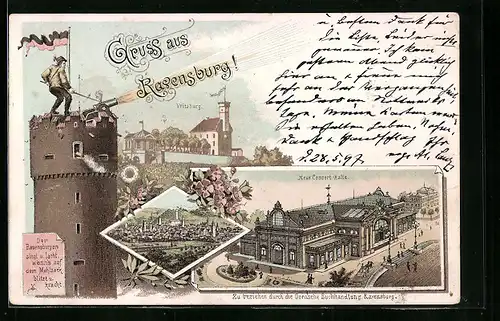 Lithographie Ravensburg, Neue Konzert-Halle, Veitsburg, Teilansicht