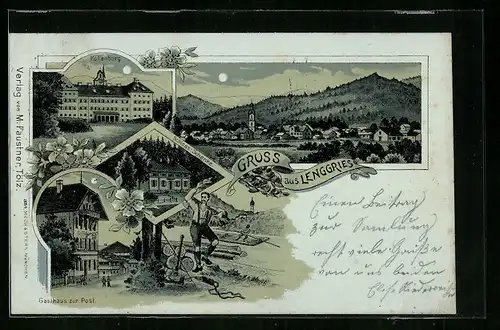 Mondschein-Lithographie Lenggries, Ortsansicht, Gasthaus zur Post, Hohenburg, Gasthaus Schloss-Schenke, Flösser