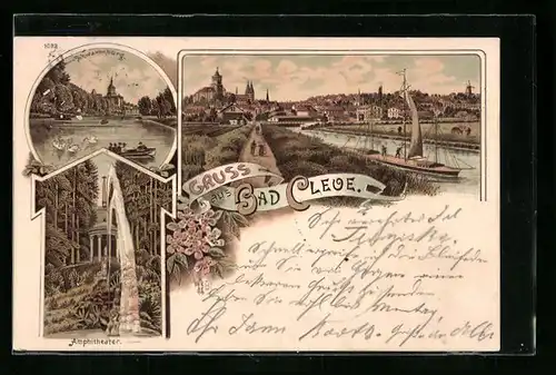 Lithographie Bad Cleve, Totalansicht mit Amphitheater und Schwanenburg