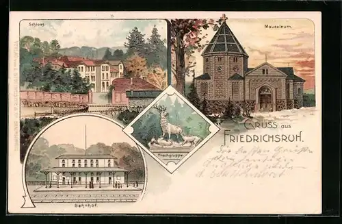 Lithographie Friedrichsruh, Mausoleum, Schloss, Bahnhof