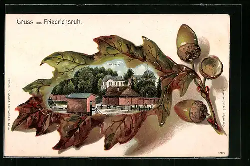 Passepartout-Lithographie Friedrichsruh, Schloss und Bahnhof, Eichenblatt