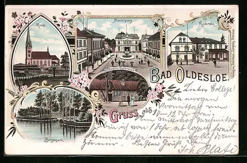 Lithographie Bad Oldesloe, Rolfshagener Kupfermühle, Kinderheim, Bürgerpark, Kirche, Marktplatz