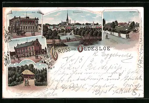 Lithographie Oldesloe, Pavillon, Stadthaus, Soolbad, Totalansicht, Post