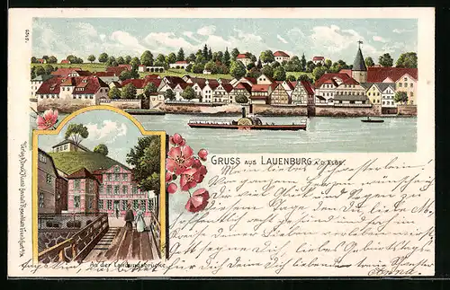 Lithographie Lauenburg a. d. Elbe, Panorama, Elbedampfer, An der Landungsbrücke