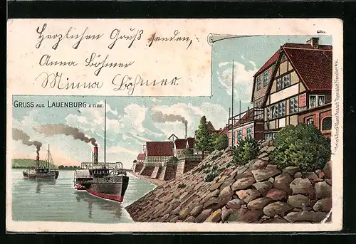 Lithographie Lauenburg a. d. Elbe, Ortspartie mit Salondampfern