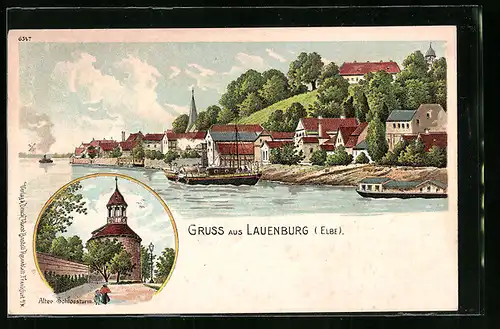 Lithographie Lauenburg a. d. Elbe, Alter Schlossturm, Uferpartie mit Salondampfer