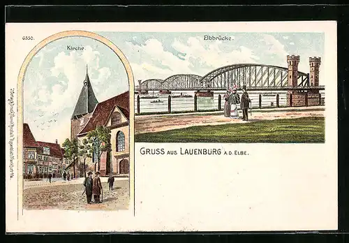 Lithographie Lauenburg a. d. Elbe, Kirche und Elbbrücke