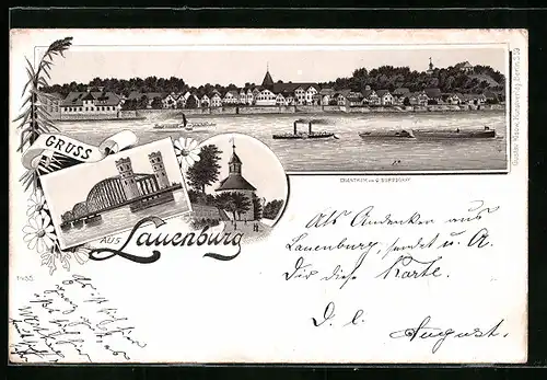 Lithographie Lauenburg a. d. Elbe, Totalansicht, Elbbrücke, Alter Schlossturm