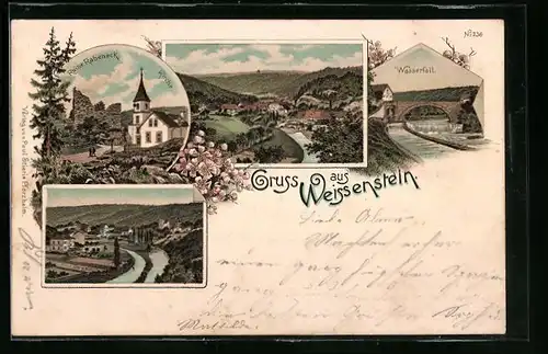 Lithographie Weissenstein, Ruine Rabeneck, Wasserfall und Totalansicht