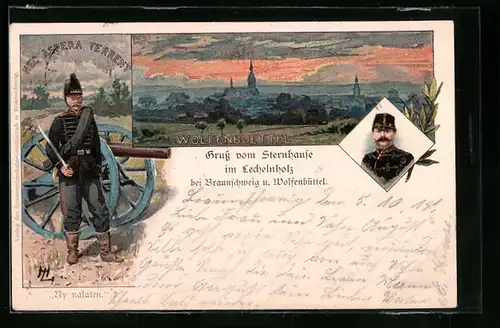 Lithographie Lechelnholz b. Wolfenbüttel, Sternhaus, Totalansicht, Soldat mit Artillerie
