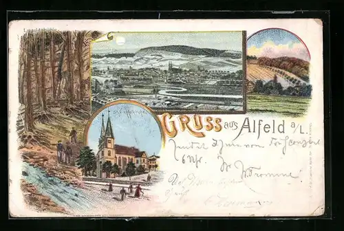 Lithographie Alfeld a. L., Waldpartie, Totalansicht aus der Ferne, St. Nikolaikirche
