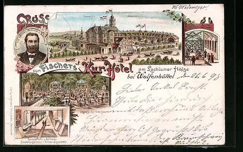 Lithographie Wolfenbüttel, Fischers Kurhotel am Lechlumer Holze, Gesamtansicht und Bayrischer Bier-Tonnei
