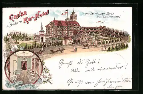 Lithographie Wolfenbüttel, Fischers Kurhotel am Lechlumer Holze, Innenansicht des Sanatoriums