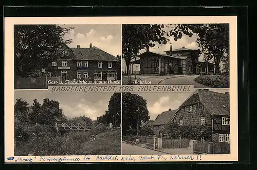 AK Baddeckenstedt b. Wolfenbüttel, Gast- und Geschäftshaus August Hunze, Bahnhof und Strassenpartie