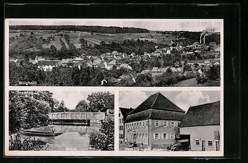 AK Billigheim, Gasthaus zum goldenen Hirsch, Brücke und Totalansicht