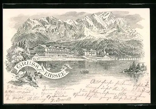 Lithographie Eibsee, Hotel mit Bergpanorama