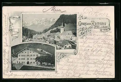 AK Ramsau, Ortspartie mit Kirche und Gasthof