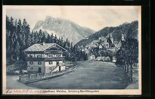 Künstler-AK sign. Hans Pernat: Salzberg b. Berchtesgaden, Hotel-Landhaus Weidau mit Alpenlandschaft