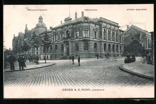 AK Essen a. d. Ruhr, Strassenpartie am Kohelnsyndikat, Kreishaus und Actien-Brauerei