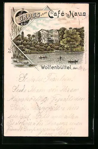 Lithographie Wolfenbüttel, Cafe-Haus mit Flusspartie