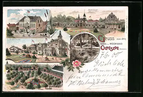 Lithographie Oldesloe i. H., Hotel zur Krone, Badehäuser, Bürgermeister-Insel und Konzertplatz