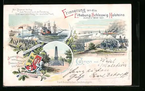 Lithographie Friedrichstadt i. H., Sieg bei Eckernförde, Idstedt-Denkmal, Erhebung Schleswig Holsteins 1948-1851