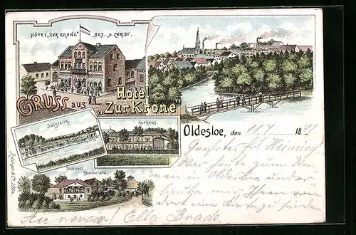 Lithographie Oldesloe, Hotel zur Krone, Salzteich, Kurhaus und Soolbad mit Restaurant